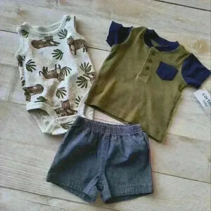 Carter's Boys 3pc Tiger Bodysuit, Green Shirt & Blue Shorts Set NEW 3 Months